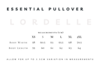 Measurement chart for Lordelle Essential Pullover with size chart in centimeters.