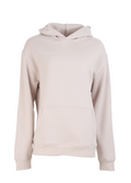 Beige hoodie with a brand logo on a white background