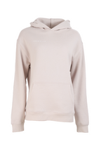 Beige hoodie with a brand logo on a white background