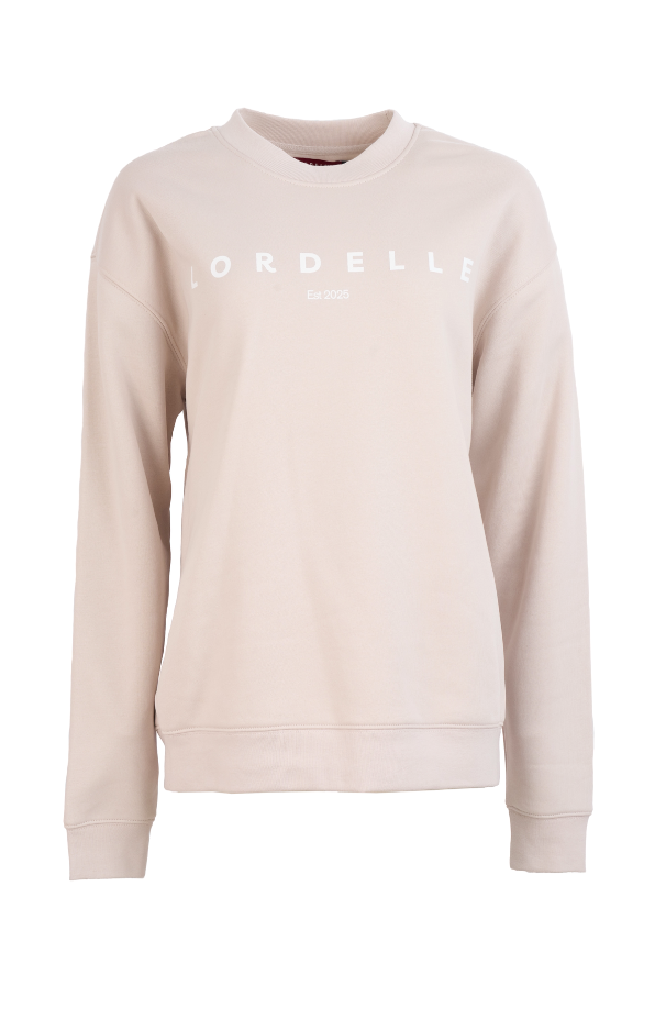 Beige sweatshirt with 'LORDELLE' branding on a white background