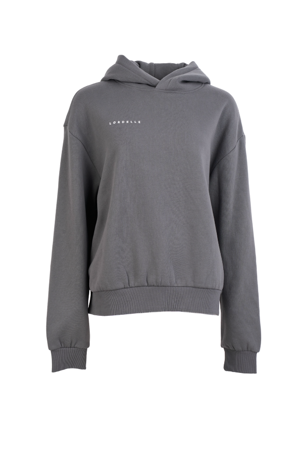 Gray hoodie with brand logo on a white background