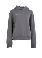 Gray hoodie with brand logo on a white background
