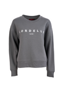 Gray sweatshirt with 'Lorrelle' branding on a white background