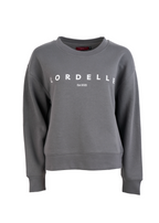 Gray sweatshirt with 'Lorrelle' branding on a white background