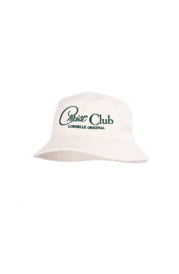 White bucket hat with 'Chase Club' logo on a white background