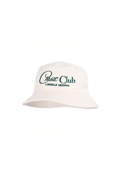 White bucket hat with 'Chase Club' logo on a white background
