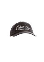 Black cap with white text on a white background