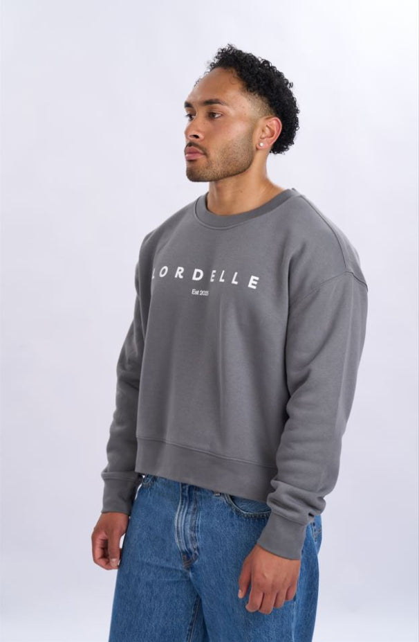 Man wearing a grey sweatshirt with text on a white background