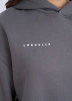 Grey hoodie with 'LORDELLE' logo on a plain background
